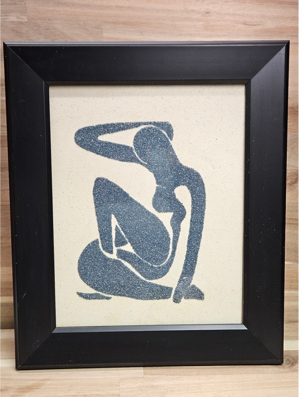 Vintage Framed Matisse Style Blue Seated Female Silhouette Textured Sand Art